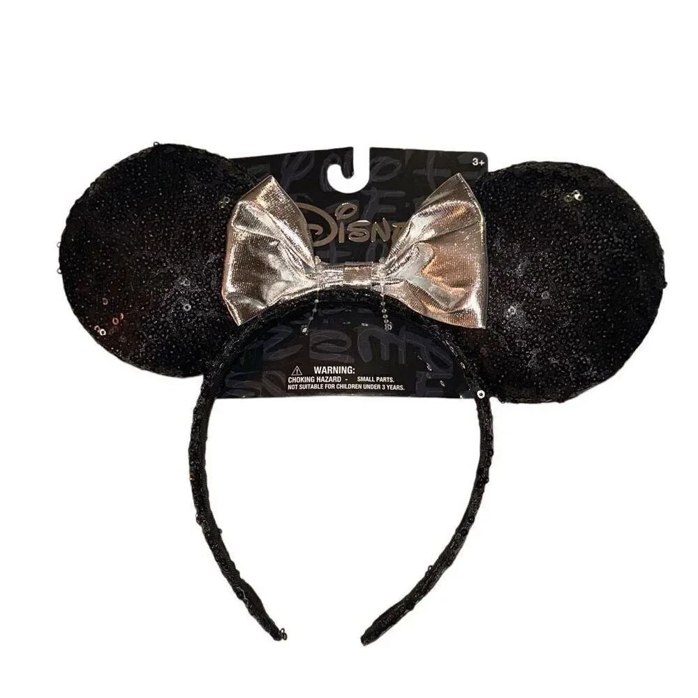 *NEW* Disney Minnie Mouse Ears Headband Black Sequined Silver Metallic Bow